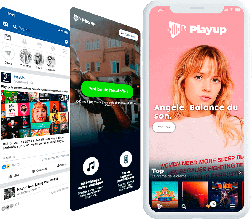 Playup mobile screen with ad, and landing page screens