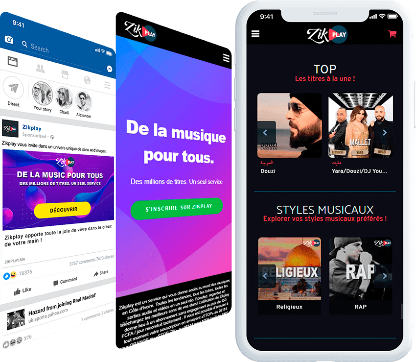 Zikplay mobile screen with ad, and landing page screens