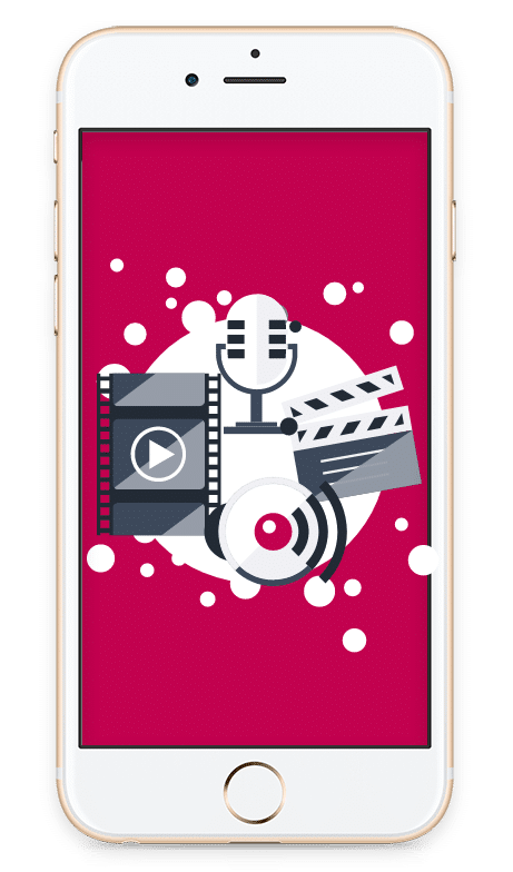 Phone picture with colored illustration representing entertainment activities like cinema, music...