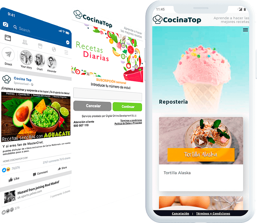 Cocina Top mobile screen with ad, and landing page screens