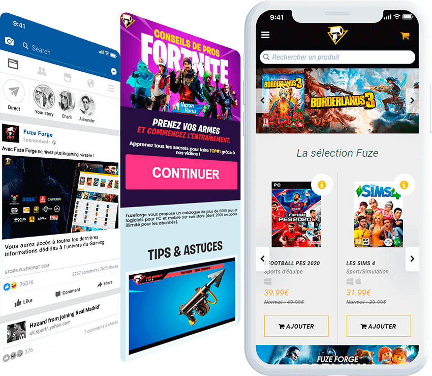 FuzeForge mobile screen with ad, and landing page screens