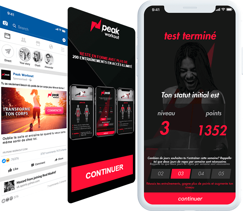 Peak mobile screen with ad, and landing page screens