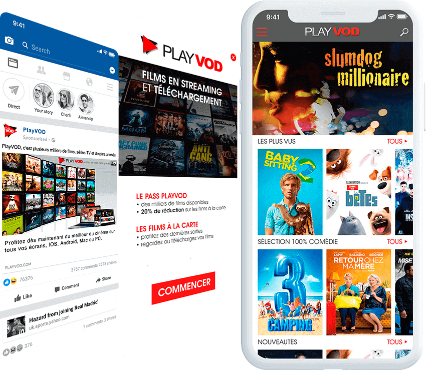 PlayVOD mobile screen with ad, and landing page screens