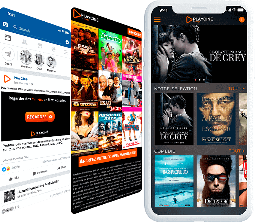 Playciné by Orange mobile screen with ad, and landing page screens