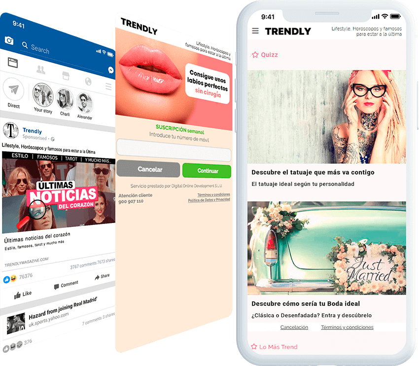 Trendly mobile screen with ad, and landing page screens