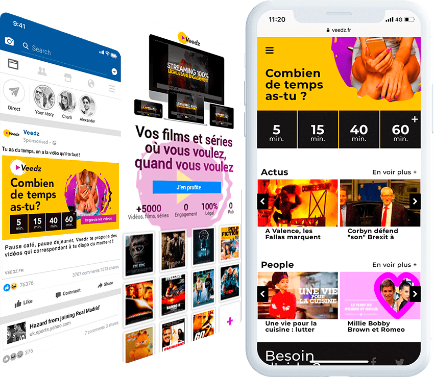 Veedz mobile screen with ad, and landing page screens