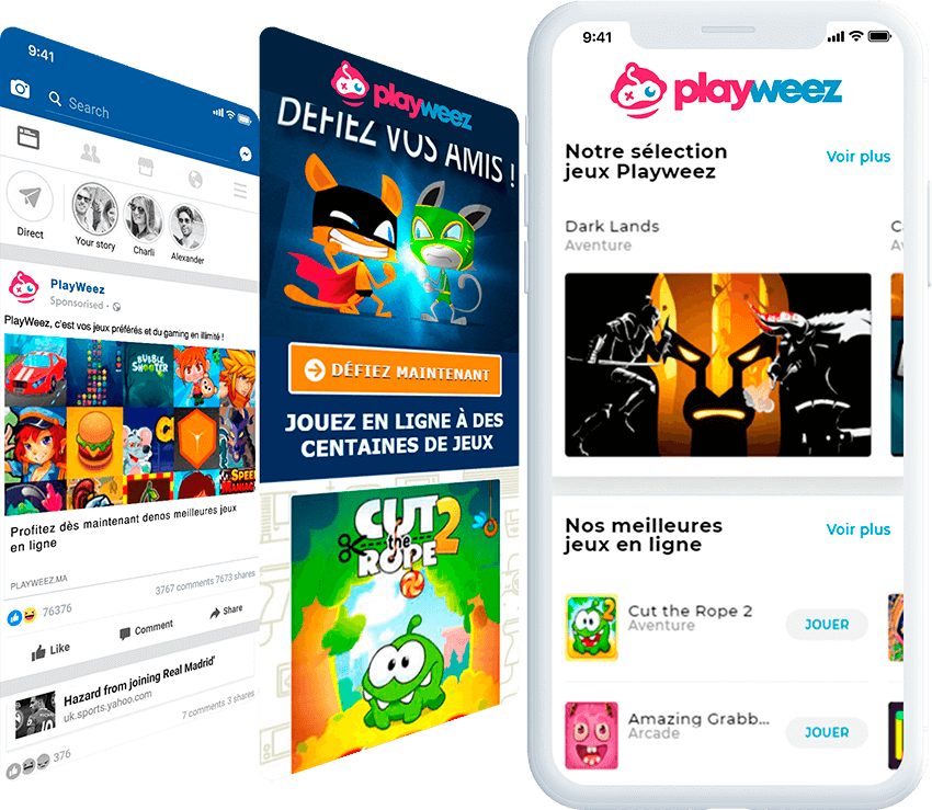 Playweez mobile screen with ad, and landing page screens