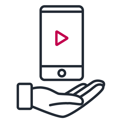 Hand holding a phone with play sign icon in bicolor to illustrate service publishers