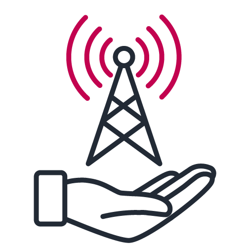 Hand holding a broadcast antenna icon in bicolor to illustrate telecom operators